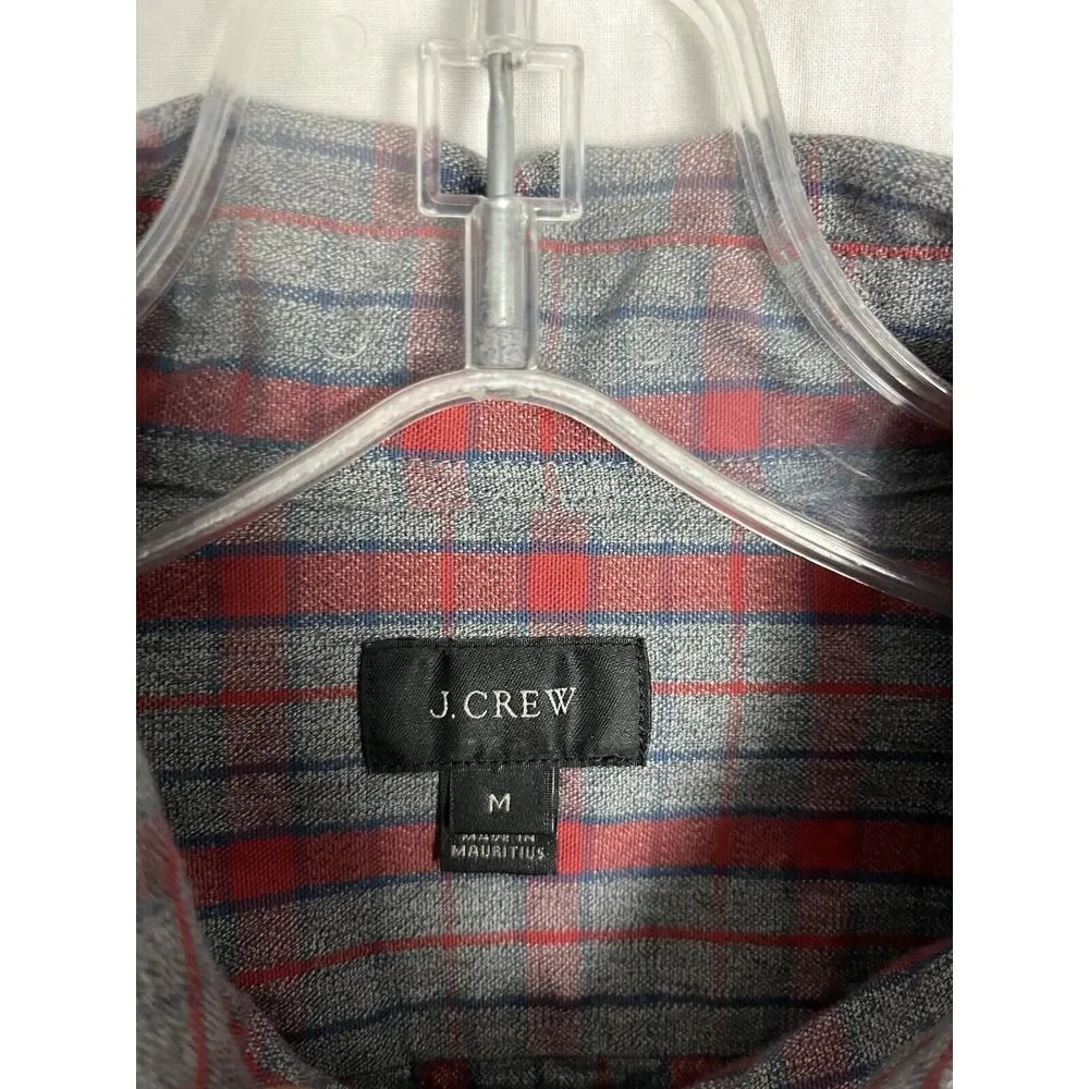 J.Crew Mens Shirt Size M Grey Red Plaid Long Sleeve‎ Button 100% Cotton